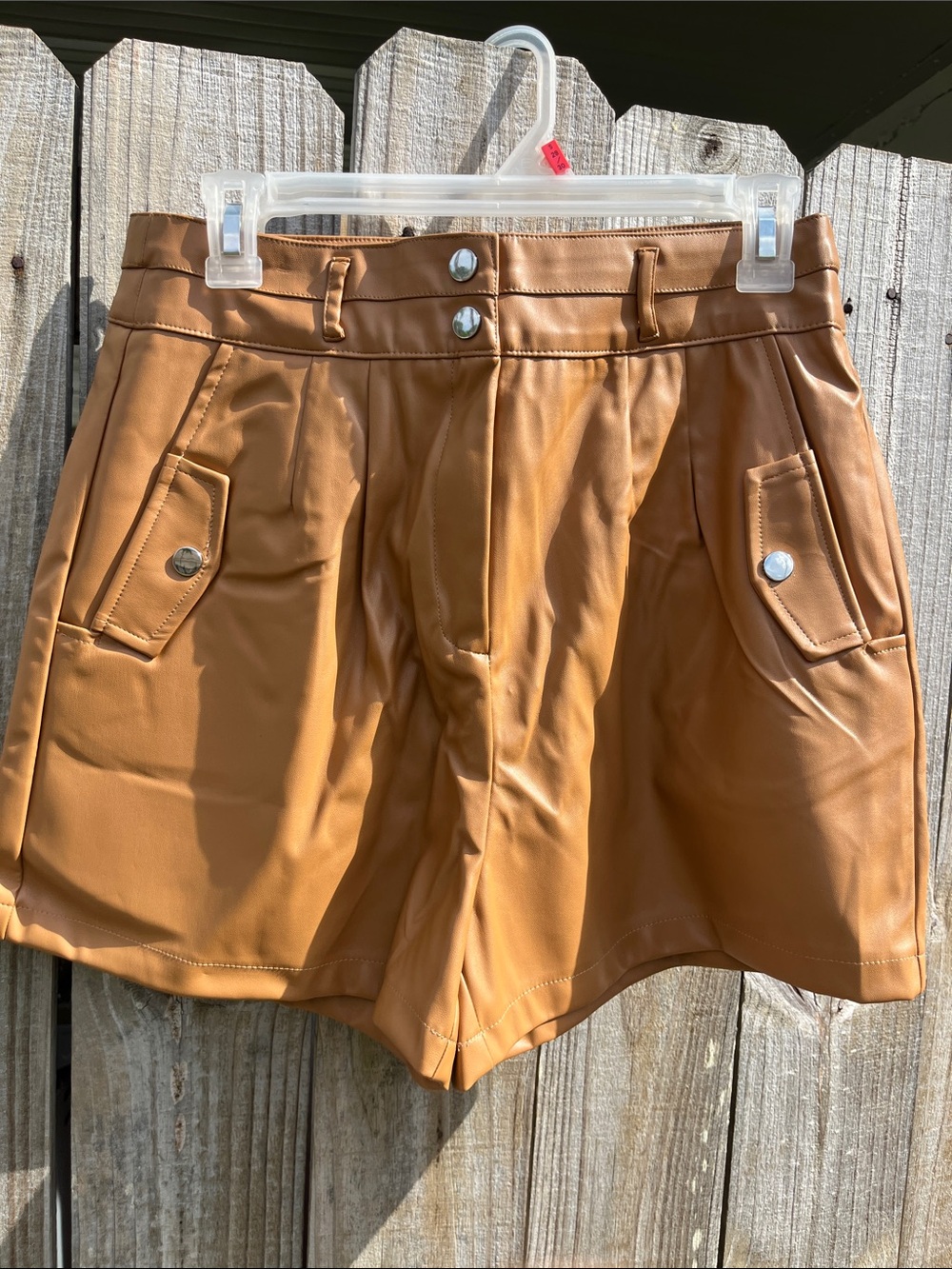 Love Tree High-Waist Faux Leather Shorts in Camel